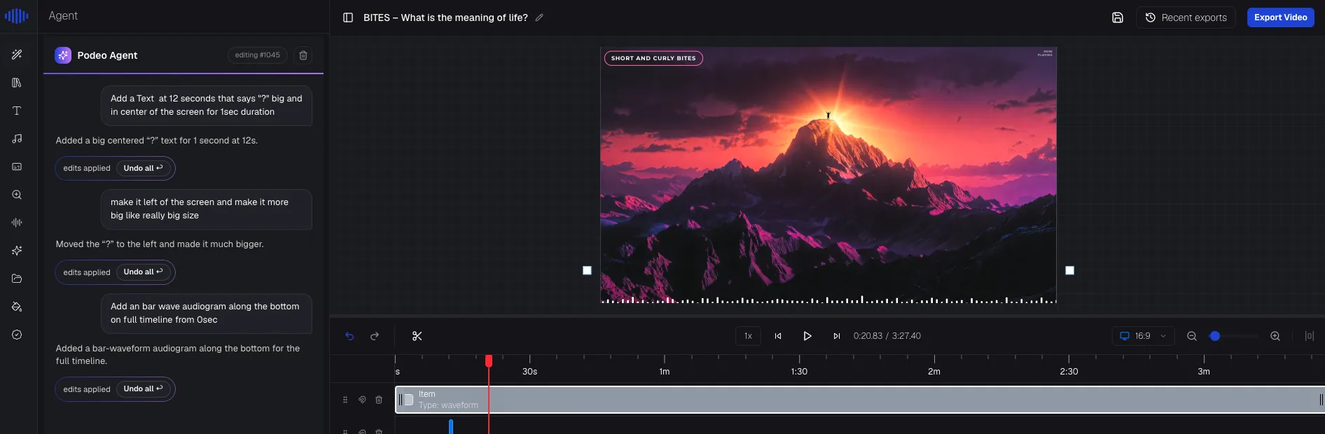 The Podeo Agent chat panel with three typed edit requests, each marked as applied, next to the video preview