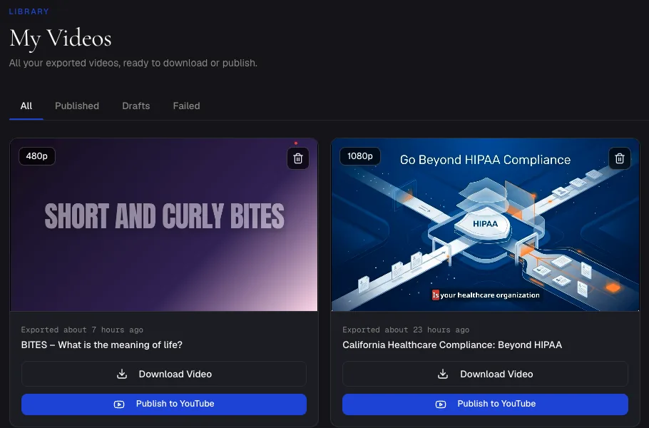 The Podeo.ai My Videos library with finished episode videos, each with Download Video and Publish to YouTube buttons
