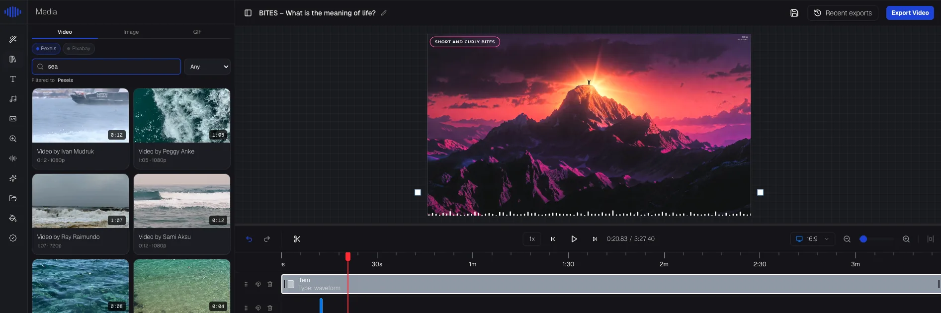The Podeo.ai editor showing a stock footage search panel, a preview frame of a mountain at sunrise, and a timeline of generated shots